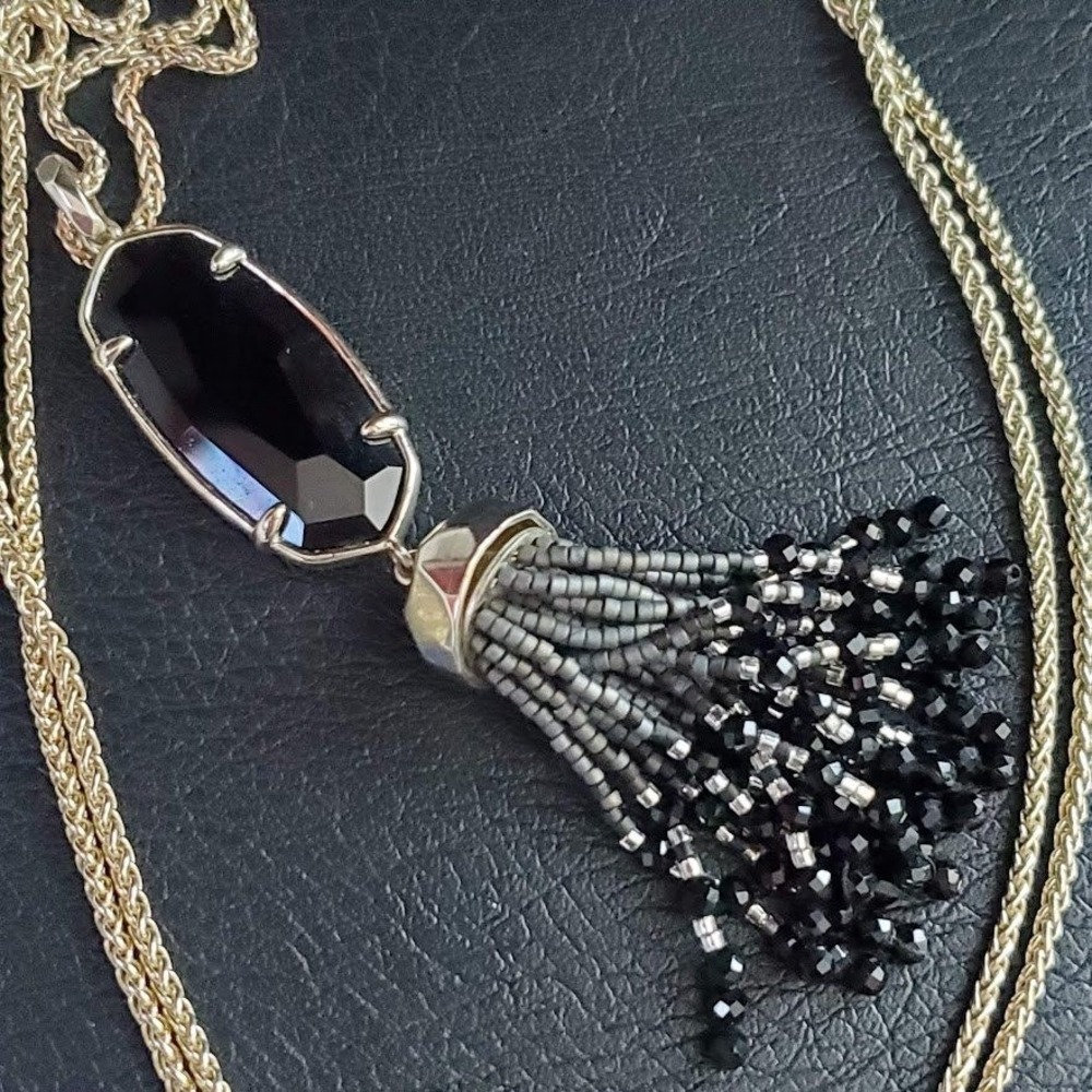Kendra Scott Eva Gold Long Tassel Necklace Black Opaque Glass Beaded Pendant - Picture 8 of 9